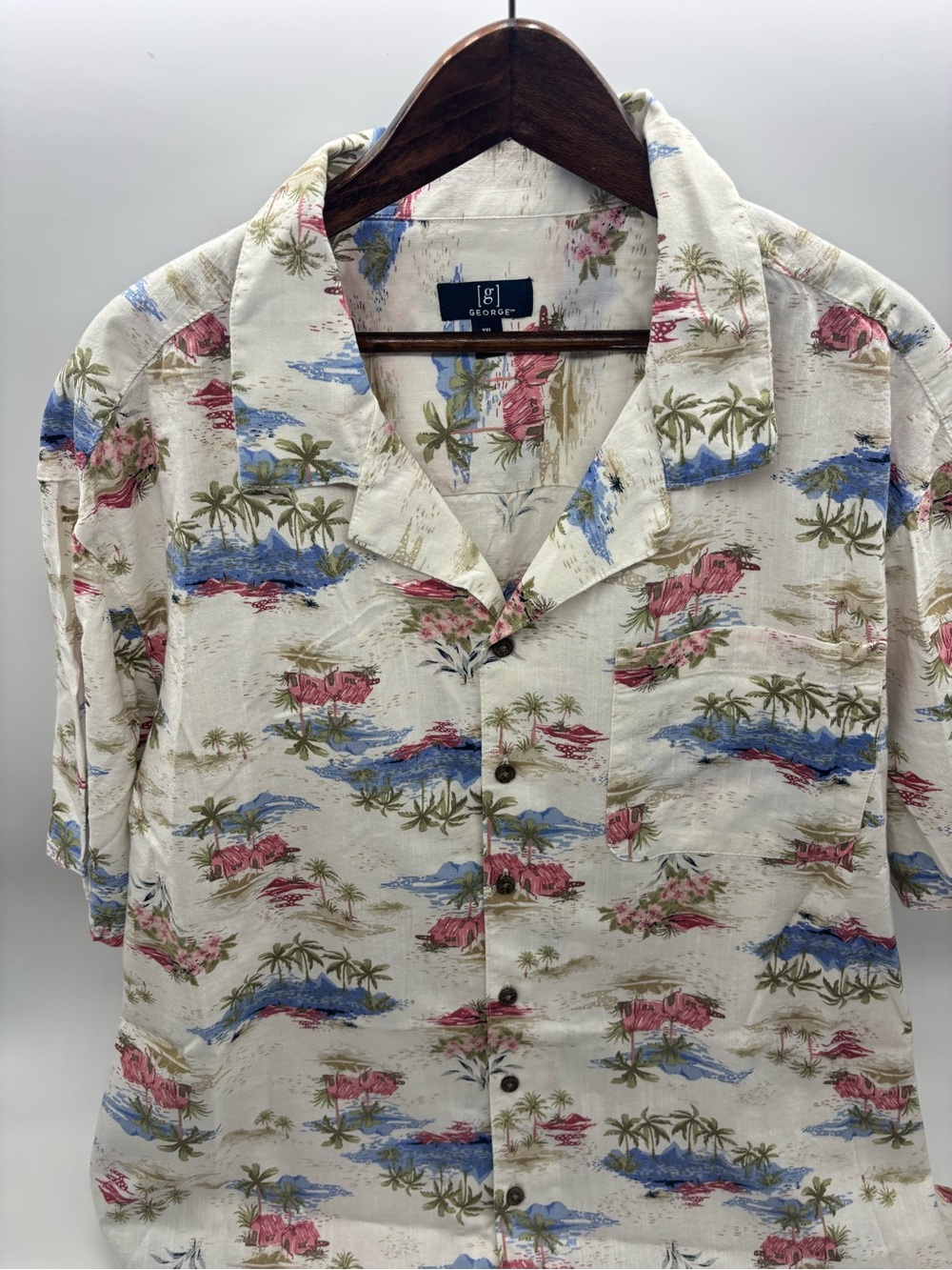 George Cream Tropical Island Print Camp Shirt with Blue & Pink Accents